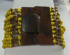 Vintage Lime Green/Yellow Glass Bead &amp; Crystal Wood Buckle Stretch Bracelet  - £7.54 GBP