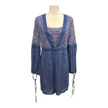 Indigo Soul M Floral Lace Mini Dress Tunic Blue Crochet Detail Lined Boh... - $21.40