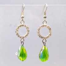 Green Teardrop Dangle Earrings, Vintage Clear Crystal Ring and Bright Faceted AB - £38.04 GBP