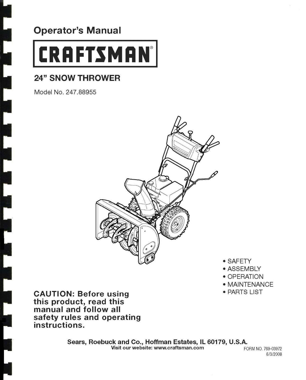 Craftsman Snow Thrower Operator's Manual Model No. 247.88955 - $12.50