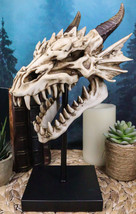 Ferocious Terra Bone Dragon Head Skull On Museum Pole Stand Display Figurine 12&quot; - £55.94 GBP
