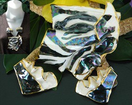 Zebra Black White Brooch Pin Earrings Set Porcelain Gold Gilt Large - £28.00 GBP