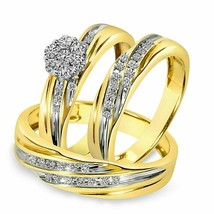 3/8 CT Real Moissanite 14K Yellow Gold-Plated Trio Matching Wedding Ring Set - £84.38 GBP