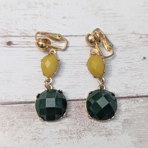 Vintage Clip On Earrings Dark Green and Dusky Yellow - £11.74 GBP