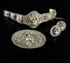 Antique demon queen Rangda Bracelet Brooch Earrings Silver etruscan Balinese dem - £1,179.53 GBP