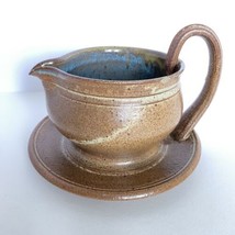 Handmade Gravy Sauce Boat Pottery Ceramic Handle Saucer Plate Attached READ - $39.95