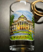 Wiesbaden Kurhaus Shot Glass Three Ounce Clear Glass Color Illustration Gold Rim - $8.99