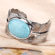 Chunky Turquoise Feather Wide Cuff Bracelet Silver - £12.86 GBP