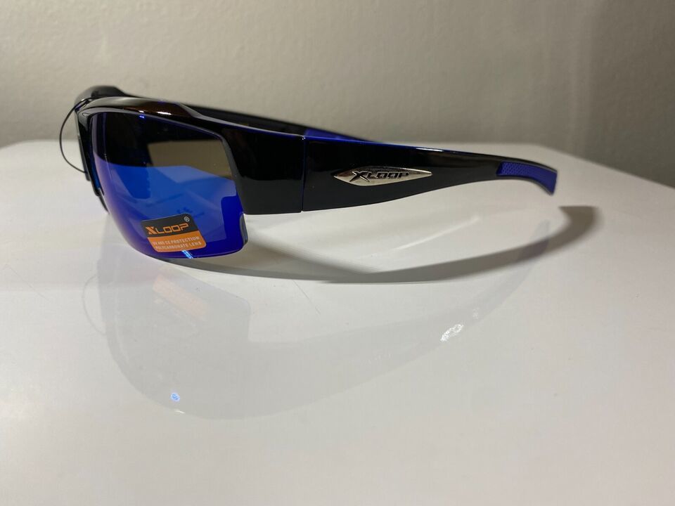 Men&#39;s wrap around sunglasses with black frame and blue lenses - $9.50