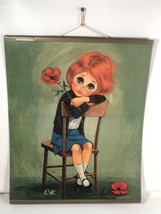 Vintage Mi Siècle Veille Litho Imprimé Gros Yeux Fille Sur Chaise Avec Fleur USA - £98.91 GBP