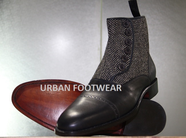 New Mens Handmade Stylish Formal Boot, Grey Tweed & Black Leather Ankle High
