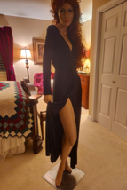 Black Long Sleeve Stretch Jersey Knit Faux Wrap Maxi Dress M - $39.59
