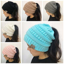 Warm and Stylish Chunky Cable Knit High Bun Ponytail Beanie Hat for Women - £11.98 GBP