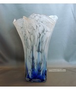 Art Glass Square Blue and White Ruffled Top Vase Sophisticated Contemporary - £22.37 GBP