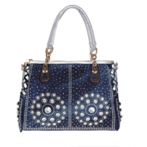 Women&#39;s Denim Handbag Purse Luxury Rhinestone Encrusted Gold Silver Shou... - $42.50
