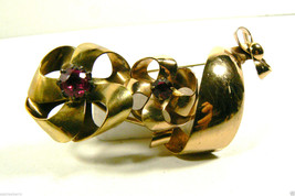 Vintage Gold Tone Metal ruby color crystal stones Flower Pin Brooch - $48.51