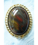 GOLD TONE CURB LINK FRAME OVAL JASPER STONE PIN BROOCH OR PENDANT - £20.98 GBP