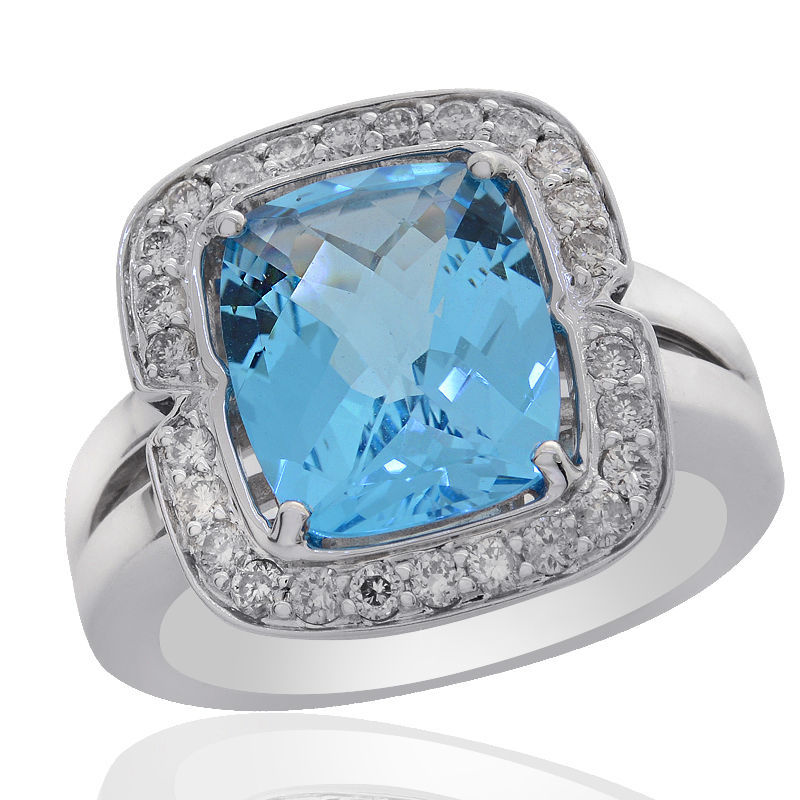 Primary image for 4.30 Carat Blue Topaz with Diamond Ring 14K White Gold
