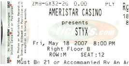 Styx Concert Ticket Stub Peut 18 2007 Ameristar Casino Chicago - $29.68