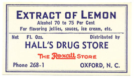 Vintage Pharmacy Label Extract Of Lemon Hall&#39;s Drug Store Rexall Store Oxford Nc - £20.72 GBP