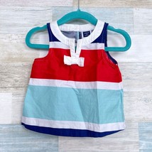 Janie &amp; Jack Striped Split Neck Top Blue Red White Bow Baby Girl 6-12 Month - £11.72 GBP