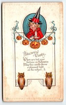 Halloween Postcard Little Girl Witch Owls JOL Pumpkins Candle Bergman E Von H - £48.40 GBP
