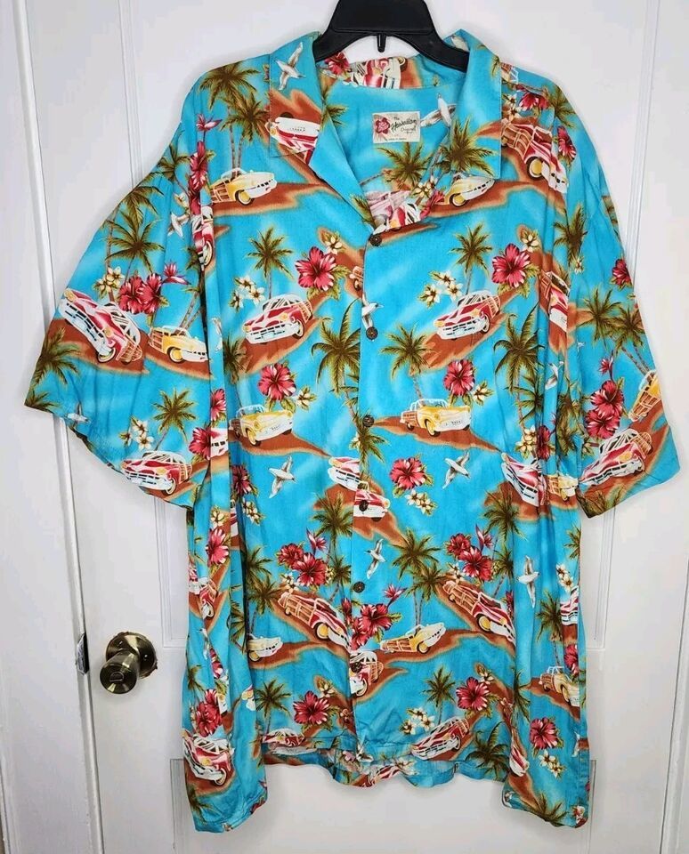 Hilo Hattie Blue Woody Car Hawaiian Floral SS Button Up Shirt Men&#39;s 4XL - $14.03