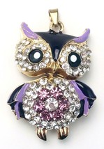 Articulated Gold Tone Purple Rhinestone Puffy Owl Pendant - £11.07 GBP