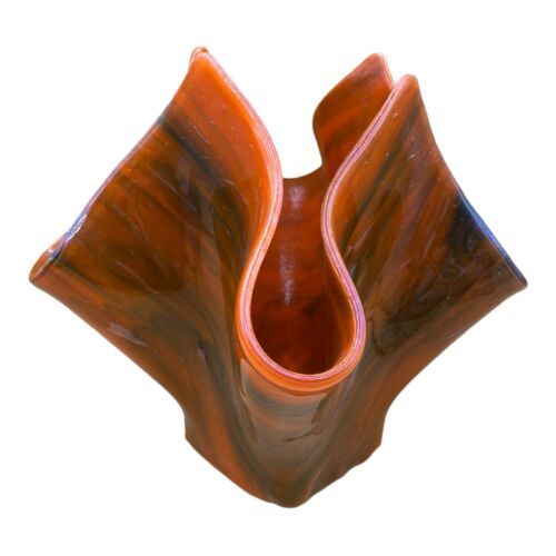Mid Century Handkerchief Vase 8” Orange Green Multicolor Iridescent Streaks - $35.63