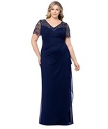 XSCAPE Beaded Illusion-Sleeve V-Neck Gown Navy Plus Size 16W $289 - $147.51