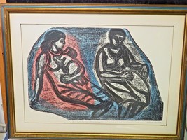 Framed Signed MCM Artist Irving Amen Woodcut Print The Waiting Room Mother Child - £146.40 GBP