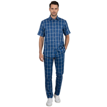 Men INSERCH premium Soft Cool Linen 2pc Walking Leisure suit 7098 Blue Plaid image 9