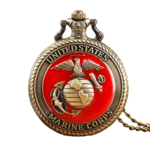 United State Marine Corps Theme Quartz Souvenir Pocket Watch w/ Chain - New - £23.69 GBP