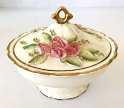 Vintage Norcrest Bowl &amp; Lid Lusterware Capodimonte Style Roses Gold Trim - $29.02