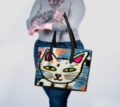 Funky Abstract White Cat Painting on Vegan Leather Oversize Shoulder Bag Tote - £76.79 GBP