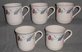 Set (5) Lenox Poppies On Blue Pattern 10 Oz Handled Mugs Made In Usa - £79.38 GBP