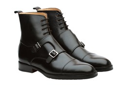 New Handmade Leather Black Double Monk ankle Lace up Dress Boots for Men - £182.01 GBP+