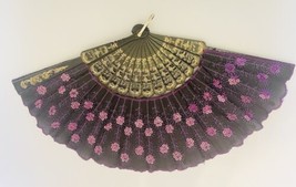 Handheld Fan Sequins Flower Shaped and Embroidered Flowers Gold Trim Black - £11.81 GBP