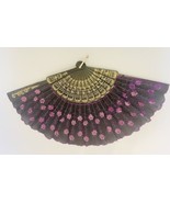 Handheld Fan Sequins Flower Shaped and Embroidered Flowers Gold Trim Black - £11.37 GBP