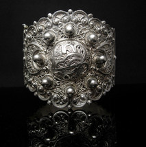 HUGE Turkish Bracelet Tribal Ottoman etruscan WIDE Hand wrought folk art silver  - £335.81 GBP