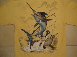 Guy Harvey Fishing Swordfish Picture Front Pocket Casual Yellow T Shirt S - £10.64 GBP