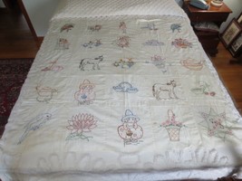 VINTAGE Handmade EMBROIDERED Cotton 12-BLOCK QUILT TOP  -55&quot; x 55&quot; - £46.35 GBP