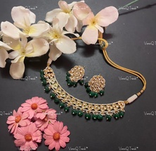 VeroniQ Trends-Gold Plated Pachi Kundan Choker Necklace-Green Beads - £86.99 GBP