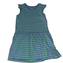 Primary Girls Blue Green Striped Cotton Sleeveless Ruffle Dress Pockets Size 6-7 - £11.94 GBP