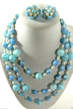Vintage Glass 3 strands Blue Pearlt White Bead Necklace &amp; Clip On Earring Set - £60.32 GBP