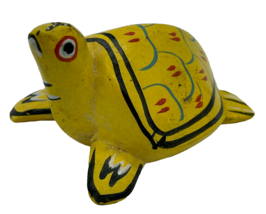 Turtle Folk Art Figurine Carved Wood Hand Painted Yellow 3&quot; Hispanic - £8.04 GBP