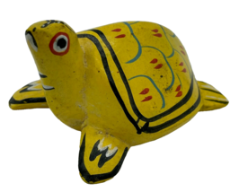 Turtle Folk Art Figurine Carved Wood Hand Painted Yellow 3&quot; Hispanic - $10.00