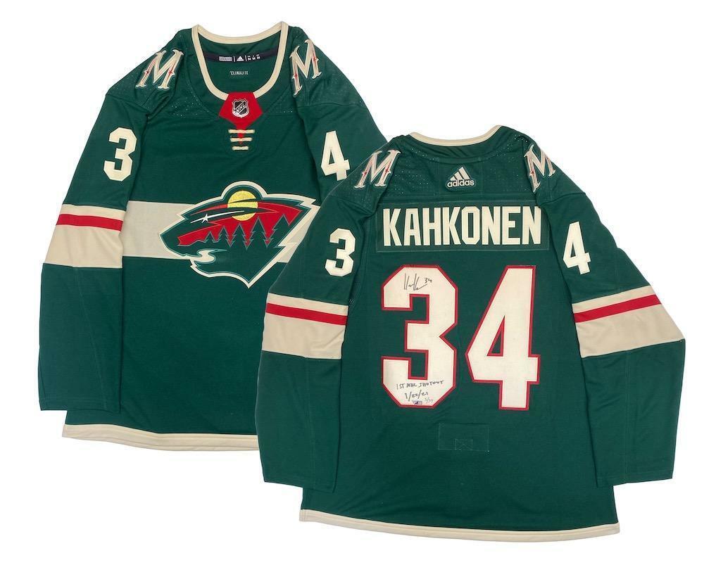 Primary image for KAAPO KAHKONEN Autographed Wild "1st NHL Shutout 1/22/21" Jersey FANATICS LE 34