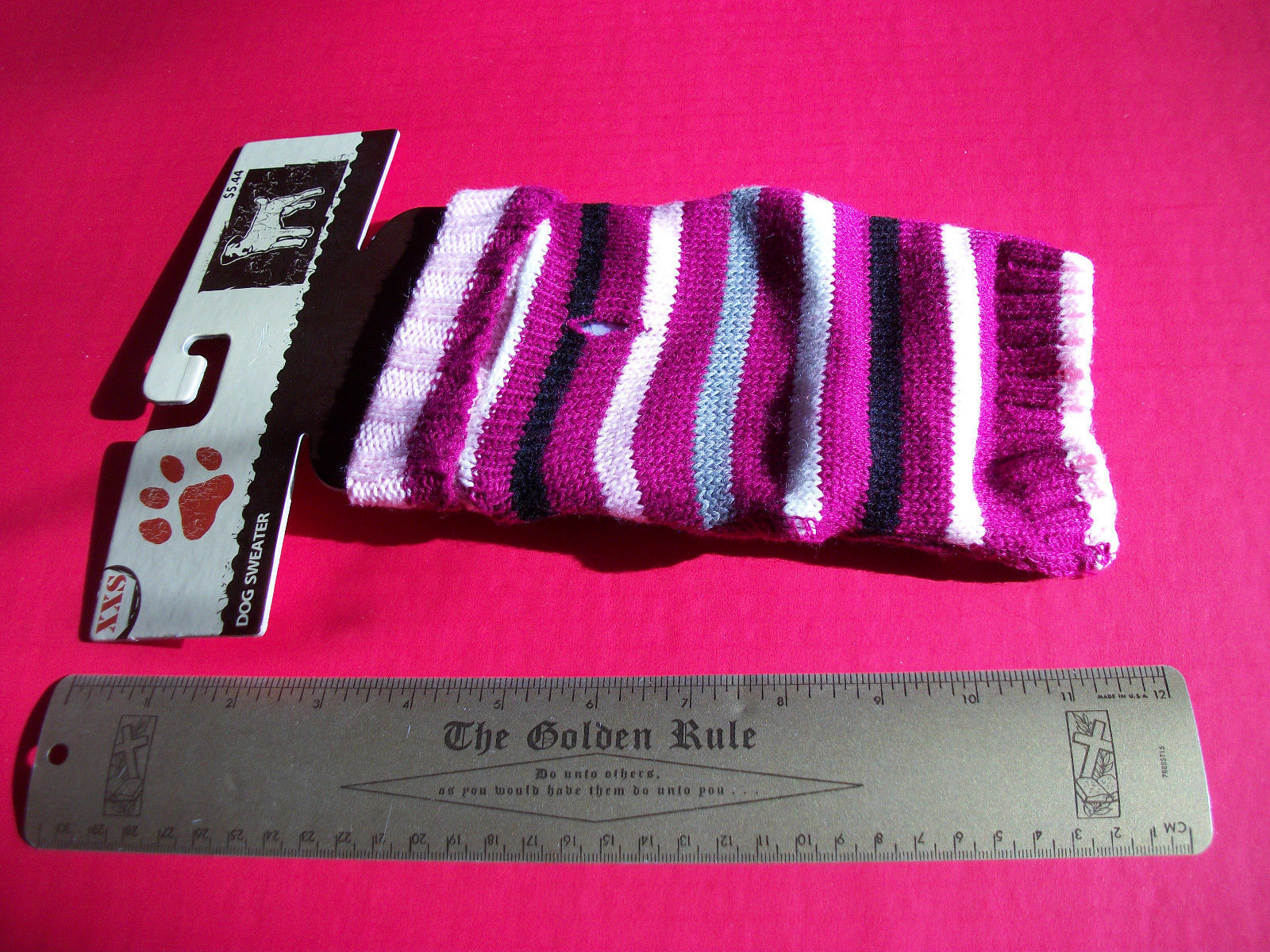 Pet Gift Dog Clothes XXS Pink Gray Stripe Sweater Outfit Cold Weather Ap... - $5.49