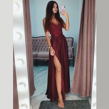 Sexy Burgundy Spaghetti Straps Lace Side-slit A-line Cheap Long Prom Dre... - $152.00